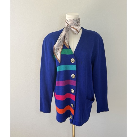 Ori Ami Knits Sweaters - Ami Knits Blue Multicolor Colorblock Button Cardigan Sweater Size 10